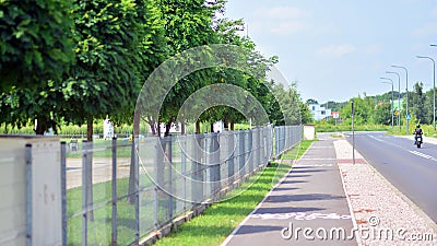 Bicycle path on the road in the city park with green lawn. Safe cycling concept. Stock Photo