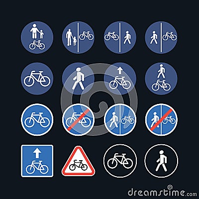 Bicycle and pedestrian traffic warning road signs - illustration icon set isolated Vector Illustration