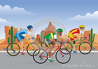 Bicycle race in the road with desert background Vector Illustration