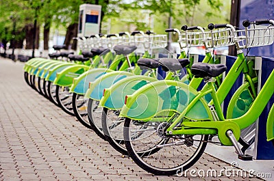 Bicycle rental system. Ecologically clean transport. bicycle sharing Stock Photo