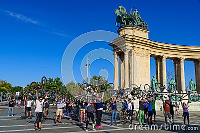 Bicycle riders at Heroes` Square at City Park, Budapest, Hungary Editorial Stock Photo