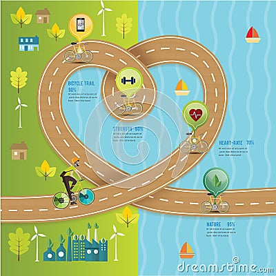 Bicycle road heart timeline way,nature trail . Vector Illustration
