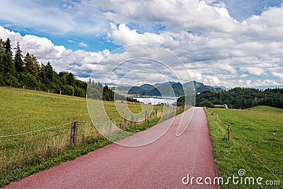 Bicycle route leading around Czorsztyn Lake - Velo Czorsztyn. View at Pieniny Mountains. Beautiful, rural, mountain landscape on Stock Photo