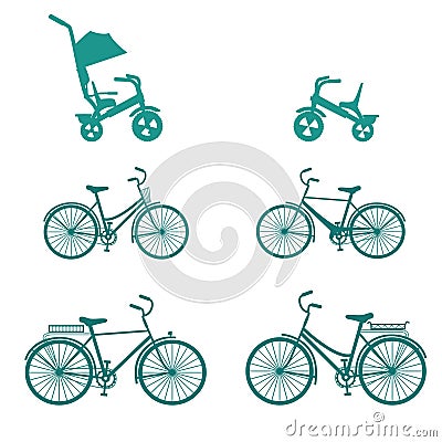 Bicycle Set for family . Set of silhouette bicycles isolated on white background. Vector flat icons. Vector Illustration