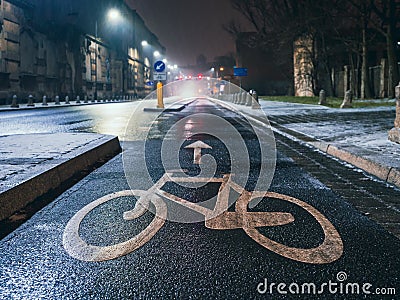 Bicycle sign on asphalt on a bike road in a night city Editorial Stock Photo