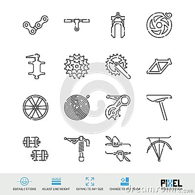 Bicycle Spare Parts Vector Line Icons Set. Bike Shop, Maintenance and Repair Linear Symbols, Pictograms, Signs Vector Illustration