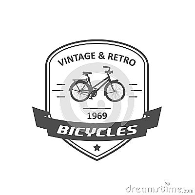 Bicycle store emblem or logo, retro bike badge with banner Vector Illustration