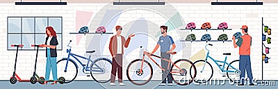 Bicycle store. People choose bicycles, scooters in bike center, happy buyers consult with seller, helmets on shelves Vector Illustration