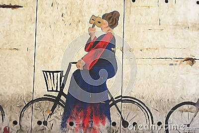 Bicycle on the streets of a small town in Italy. Processing in the style of drawing Editorial Stock Photo