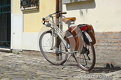 Bicycle on the streets of a small town in Italy. Processing in the style of drawing Stock Photo