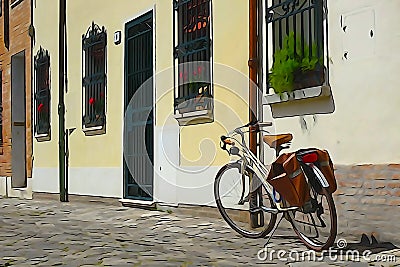 Bicycle on the streets of a small town in Italy. Processing in the style of drawing Stock Photo