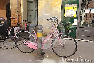 Bicycle on the streets of a small town in Italy. Processing in the style of drawing Stock Photo