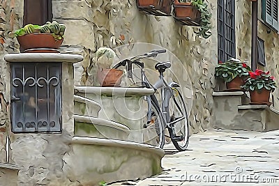 Bicycle on the streets of a small town in Italy. Processing in the style of drawing Stock Photo