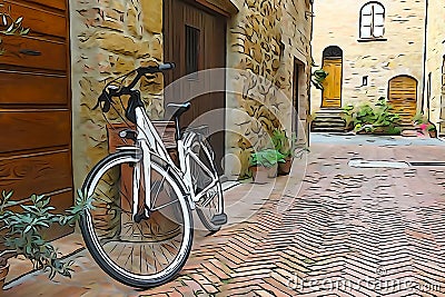 Bicycle on the streets of a small town in Italy. Processing in the style of drawing Stock Photo