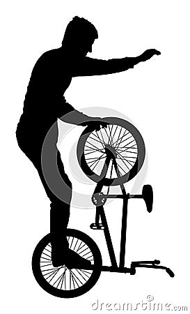 Bicycle stunts silhouette. Extreme sportsman trick with bike. Stock Photo