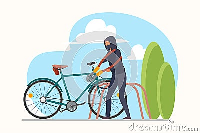 Bicycle theft by thief on city street, male robber in disguise mask, hoodie picking lock Vector Illustration