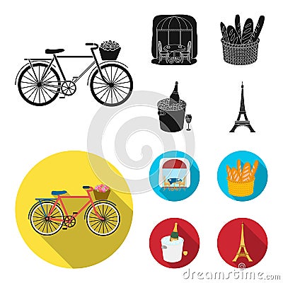 Bicycle, transport, vehicle,cafe .France country set collection icons in black, flat style vector symbol stock Vector Illustration