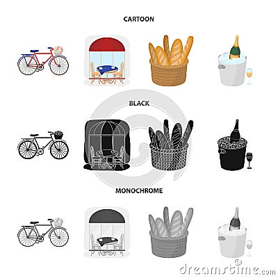 Bicycle, transport, vehicle,cafe .France country set collection icons in cartoon,black,monochrome style vector symbol Vector Illustration