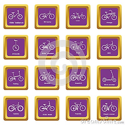 Bicycle types icons set purple square vector Vector Illustration