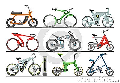 Bicycle vector modern e-bike design bikers cycle biking transport with wheels and pedals illustration bicycling set of Vector Illustration