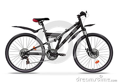 Bicycle vector realistic illustration. Black metallic bike half-face with many multiple details isolated on white background, 3D d Vector Illustration