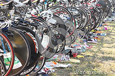 Bicycle waiting at triathlon Editorial Stock Photo