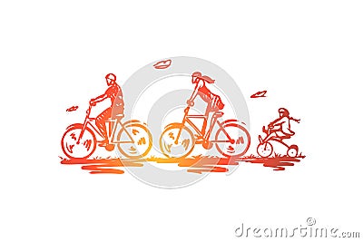 Bicycle, walk, sport, family, active concept. Hand drawn isolated vector. Vector Illustration