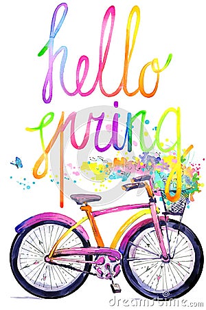 Bicycle. Watercolor bicycle and flower background. Hello Spring watercolor text. Stock Photo