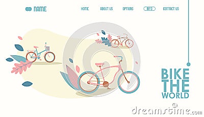 Bicycle website design, vector illustration. Landing page template in modern flat style, creative concept of active Vector Illustration