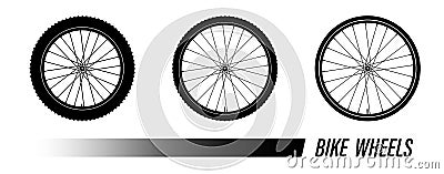 Bicycle wheel symbol with different tread. Bike rubber mountain tyre, valve. Active kinds of extreme sports. Black and white Vector Illustration