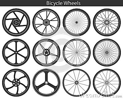 Bicycle Wheels with different tires: mountain, sports, touring, Vector Illustration