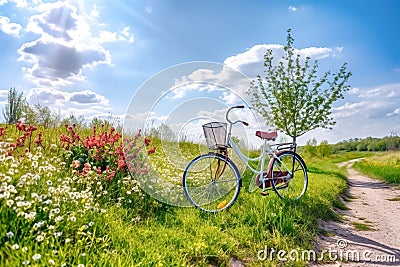 Bicycle in a yellow rapeseed field in springtime. Beautiful nature background. Generative AI Stock Photo