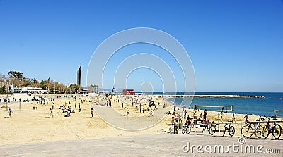 Bicycles on the beach of Nova Icaria Editorial Stock Photo