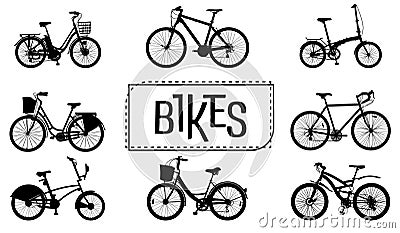 Bicycles different models. Bicycle silhouettes in black color. Stock Photo