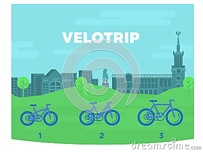 Bicycles of different sizes against the background of the city. Vector Illustration
