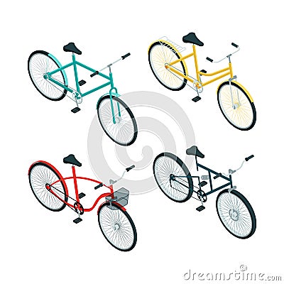 Bicycles isometric. Various types of bikes on white Vector Illustration