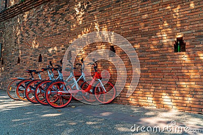 Bicycles parked at Thapae Gate of Chiang Mai. Editorial Stock Photo