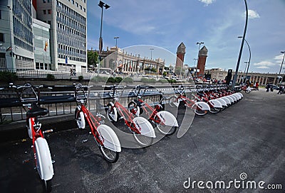 Bicycles rent in Barcelona Editorial Stock Photo