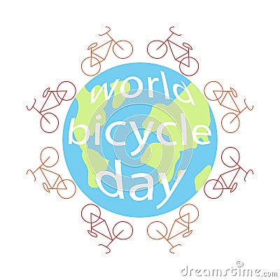 Bicycles ride on the planet Earth. Holiday World Bicycle Day. Contour ecological transport. Cycling around the world. Vector Illustration