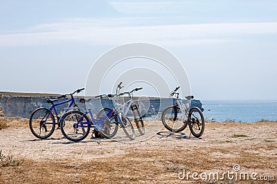 Bicycles stand on the hill, travel concept Stock Photo