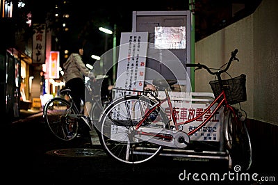 Bicycles in Tokyo, Japan. Tokyo has many bicycles since the land is pretty flat. Many Japanese people ride bicycles as a transport Editorial Stock Photo