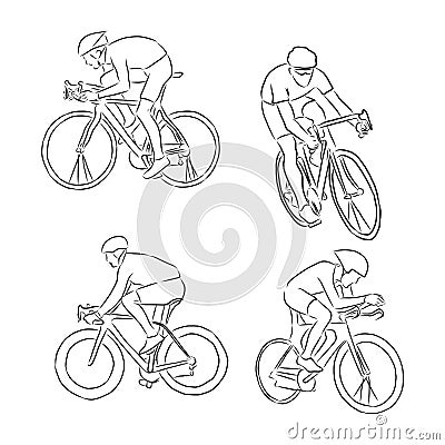 Bicyclist rider man with bike isolated on background, vector illustration, hand drawn, sketch, cyclist, vector sketch illustration Cartoon Illustration