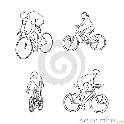 Bicyclist rider man with bike isolated on background, vector illustration, hand drawn, sketch, cyclist, vector sketch illustration Cartoon Illustration