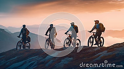 Mountain Biking Enthusiasts Enjoying Sunrise In The Mountains Stock Photo