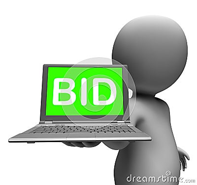 Bid Laptop Character Shows Bids Bidding Or Auction Online Stock Photo