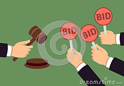 Bidders human arms holding bid paddle and auctioneer hand with gavel. Auction bidding and justice vector concept Vector Illustration