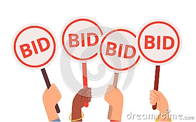 Bidding process. Auction paddles, flat hand holding plates. Finance or business, special offer vector concept Stock Photo