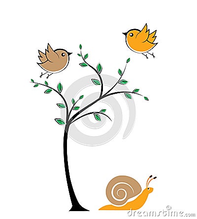 Birds on tree and snail silhouette, vector. Colorful nature in spring illustration. Flying birds silhouettes. Cartoon childish ill Vector Illustration