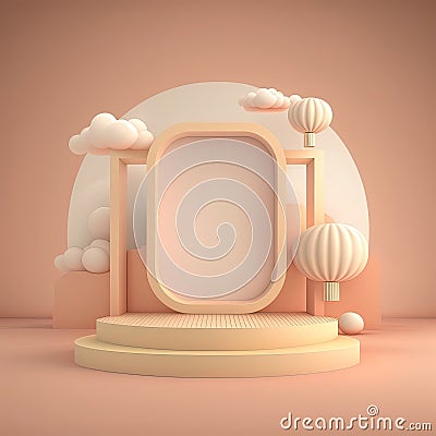 Biege 3d round podium with cloud. Empty space for text. Generative ai Stock Photo