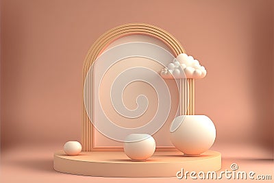 Biege 3d round podium with cloud. Empty space for text. Generative ai Stock Photo